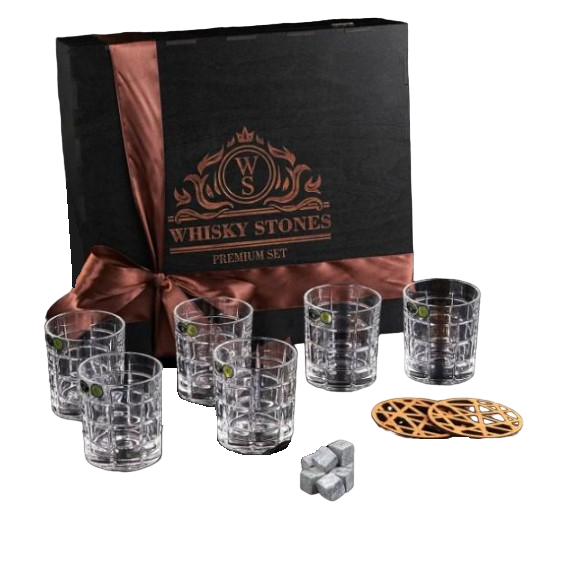 Подарочный набор для алкоголя камни для виски Whiskey Stones 24 шт. и 6 стаканов Bohemia Timesquare 320 мл