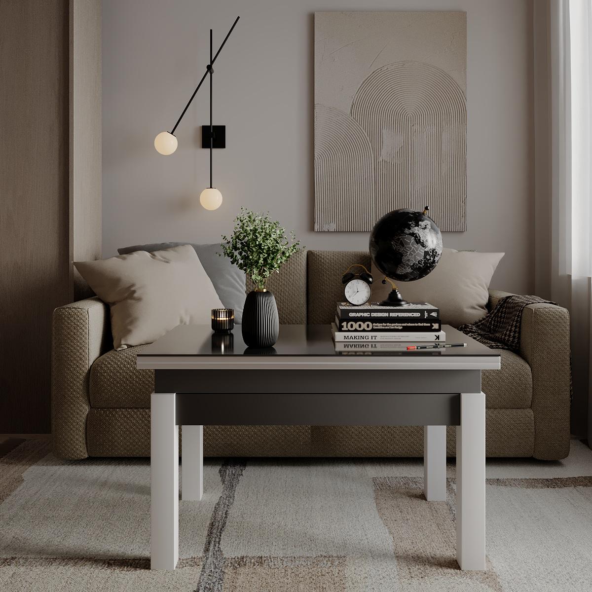 Журнальний стіл-трансформер B-Fly Glass 900x554x600 мм Графіт/Білі ніжки/Графітове скло (GATB10070700112) - фото 3 Журнальний стіл-трансформер B-Fly Glass 900x554x600 мм Графіт/Білі ніжки/Графітове скло (GATB10070700112) - фото 3