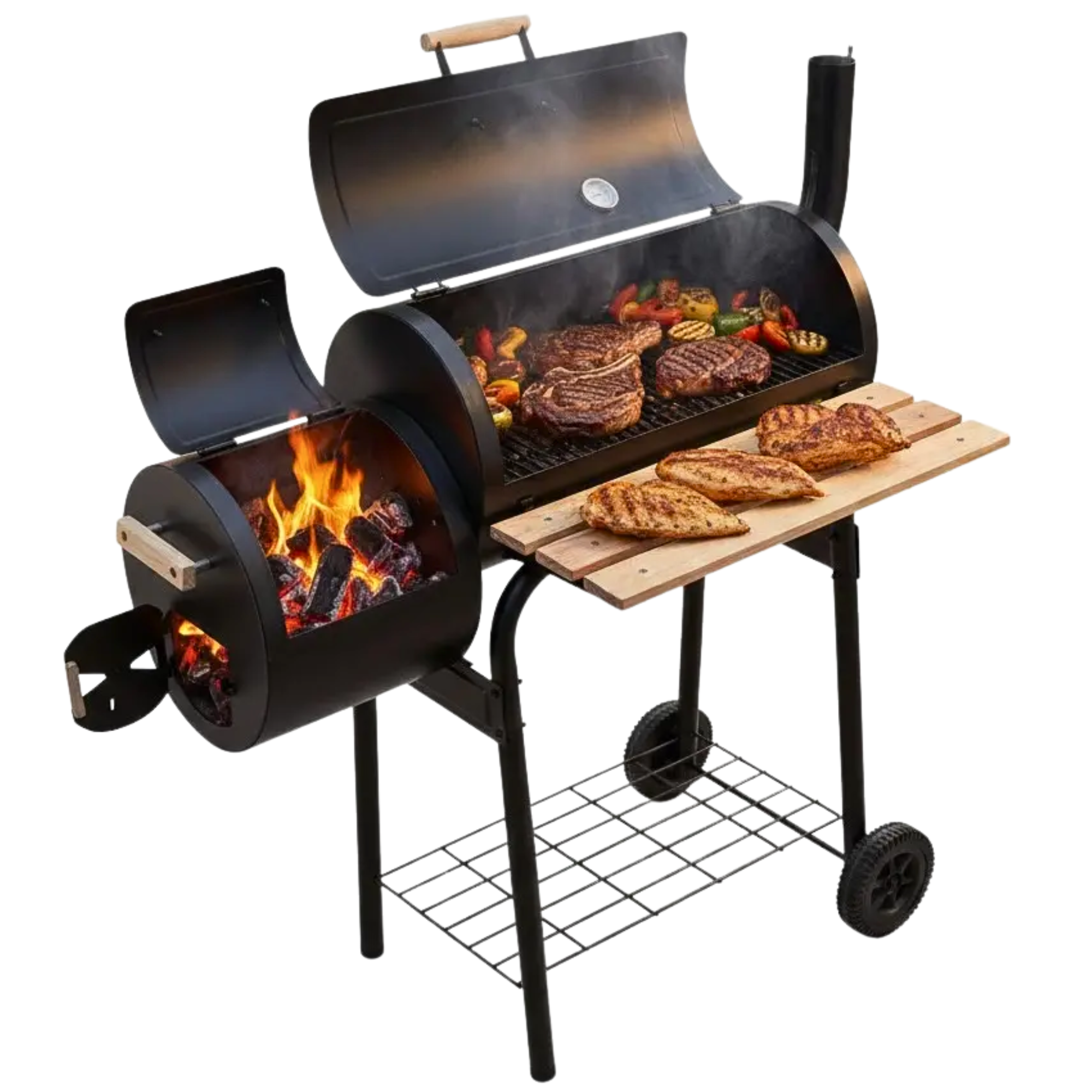 Гриль-барбекю угольный с коптильной GardenLine BBQ0148 с крышкой на колесиках уличный Черный (AN-BBQ0148)
