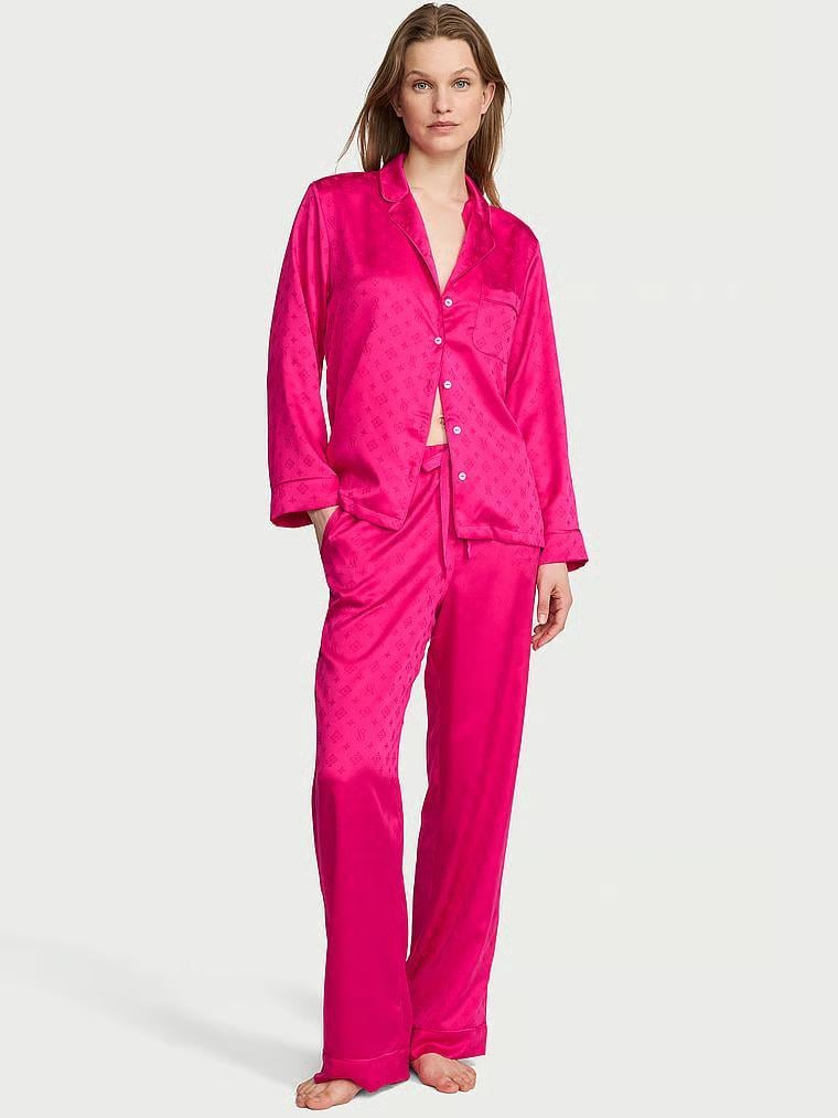 Пижама Victoria's Secret Signature Satin Long Pajama Set Pop Pink Regular S Ярко розовый (27302992)