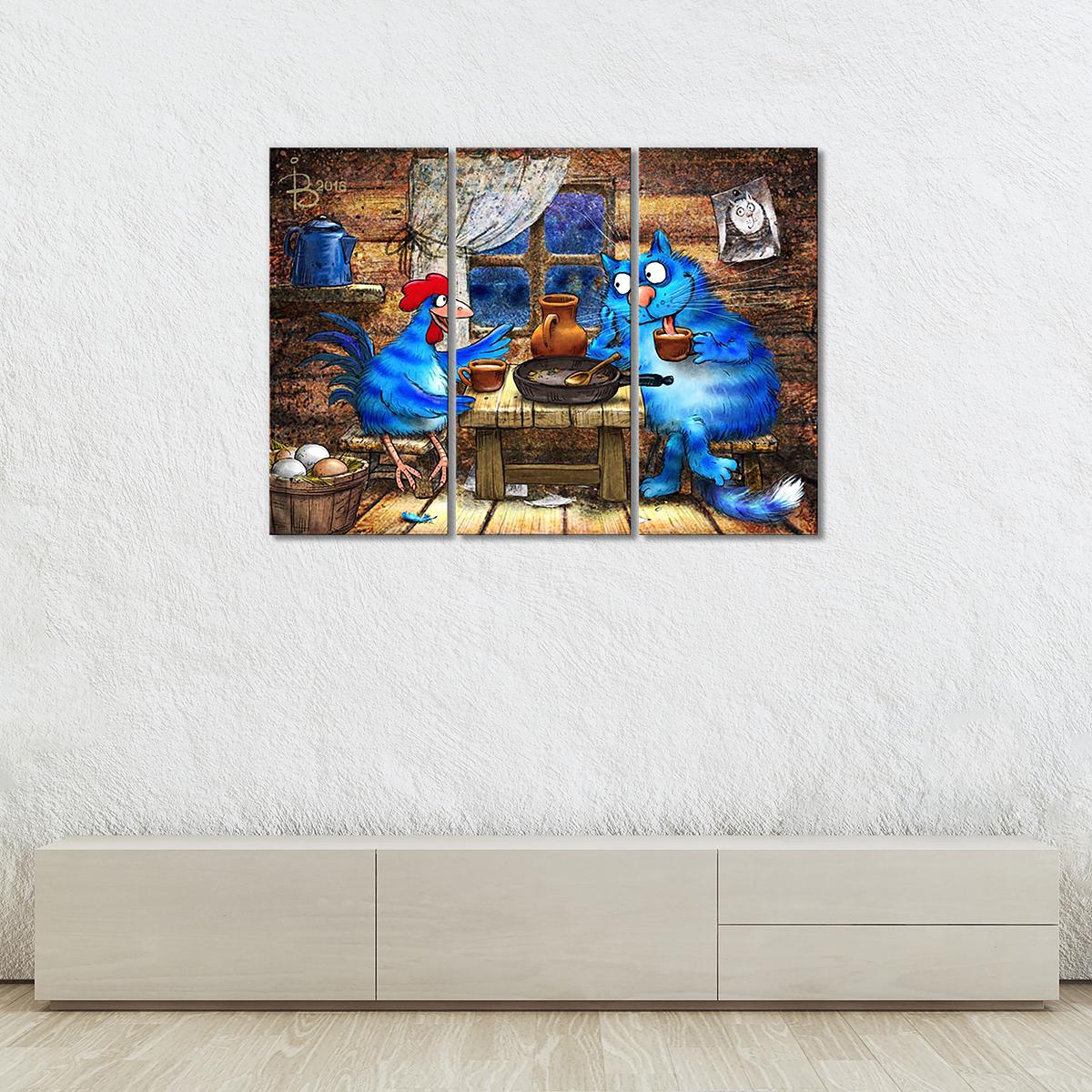 Модульная картина Кот и петух беседуют о любви (Сиквел -Кот и Петух) 3 модуля 120x180 см