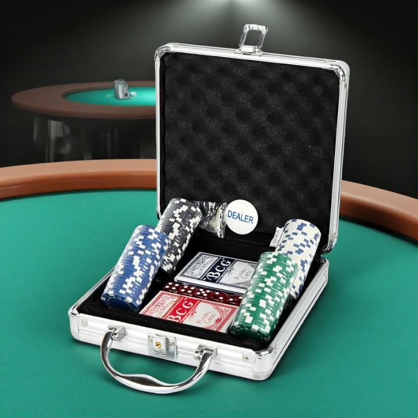 Набор для покера 100 фишек/2 колоды карт/5 кубиков/фишка Dealer/алюминиевый кейс (37-94302)
