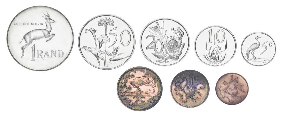Набор коллекционных монет ЮАР 1975 VF-AU 1/2/1/2/5/10/20/50 центов/1 ранд серебро 8 шт. (15413843)