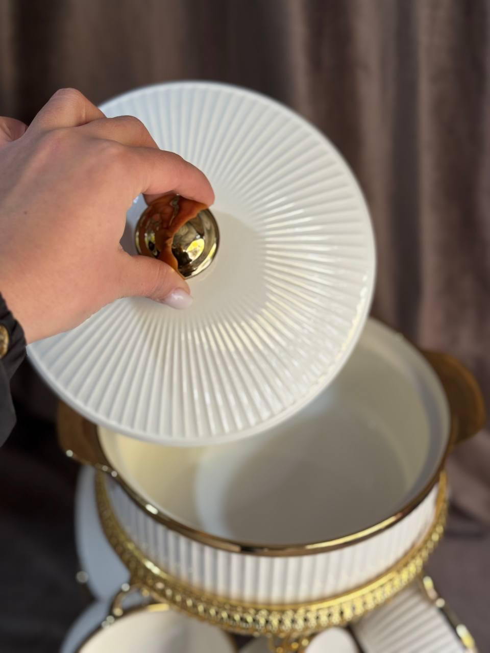 Сервиз суповый Yiwu ML151 из фарфора на металлической подставке 8 пр. 6 персон Белый с золотым (30059655) - фото 6