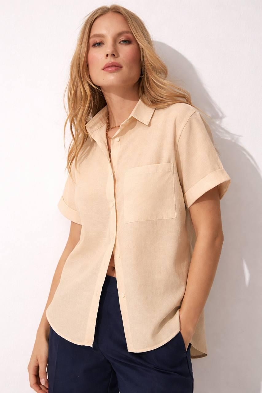 Рубашка женская MIX RAY 3950 наложенный карман короткий рукав оверсайз M Бежевый (2329)