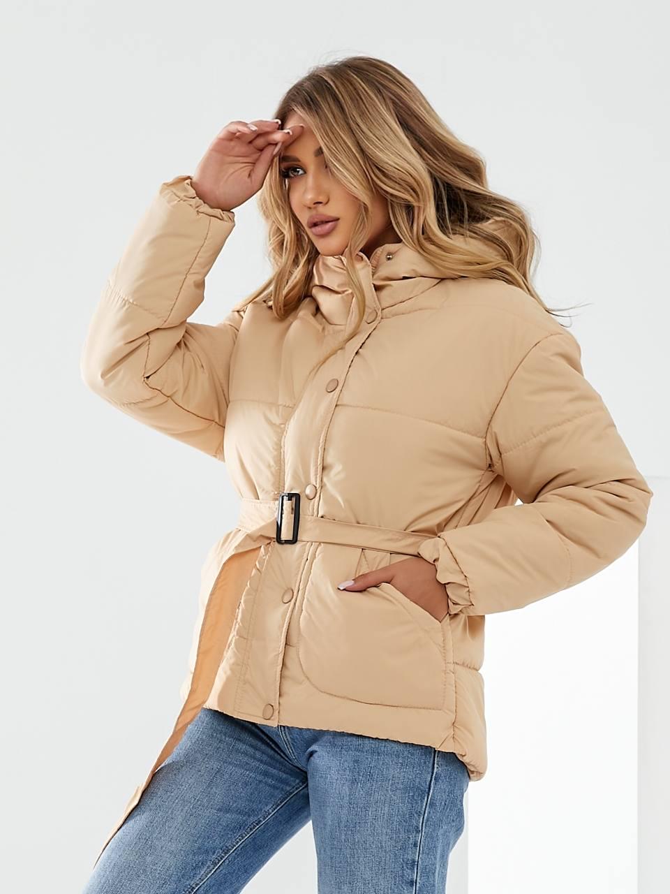 Куртка утеплена Khan коротка з поясом р. 42 Персиковий беж (Kh332) - фото 5 Куртка утеплена Khan коротка з поясом р. 42 Персиковий беж (Kh332) - фото 5