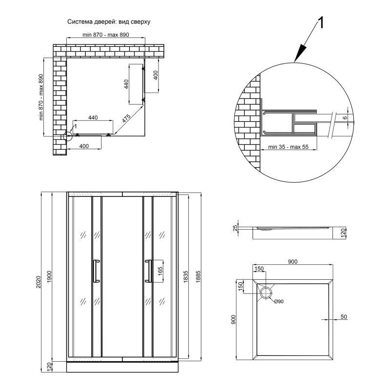 Душевая кабина Q-tap Taurus 2020x900x900 CalcLess BLA1099SC6 стекло прозрачное Matt black + поддон низкий Tern 309912C (VRM00048945) - фото 2