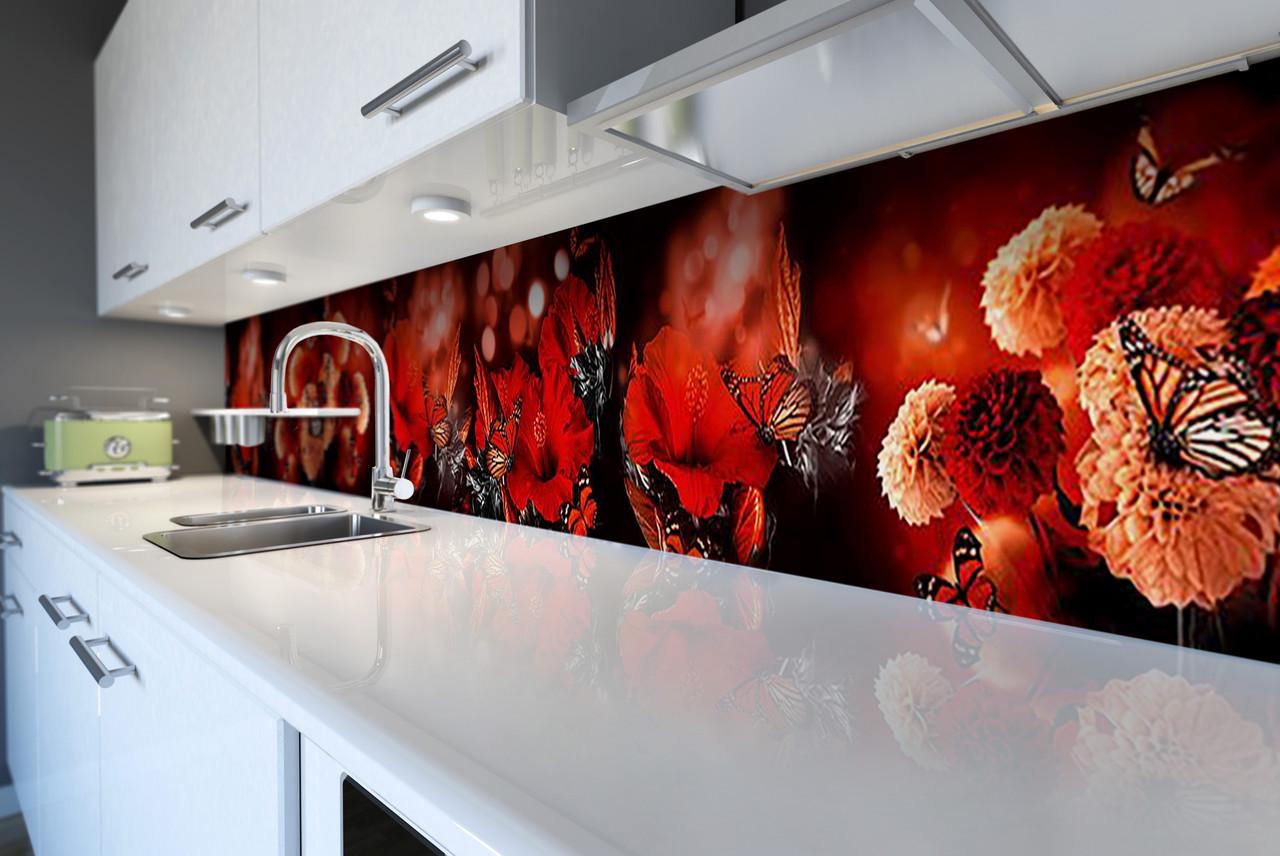 Кухонный фартук Красные цветы и бабочки из самоклеющейся виниловой пленки 60х300 см Красный