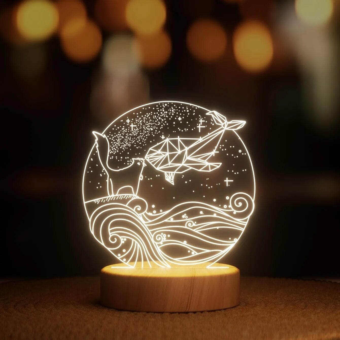 Ночник-светильник Lampic Кот и кит USB дерево/акрил 15х18 см Желтый