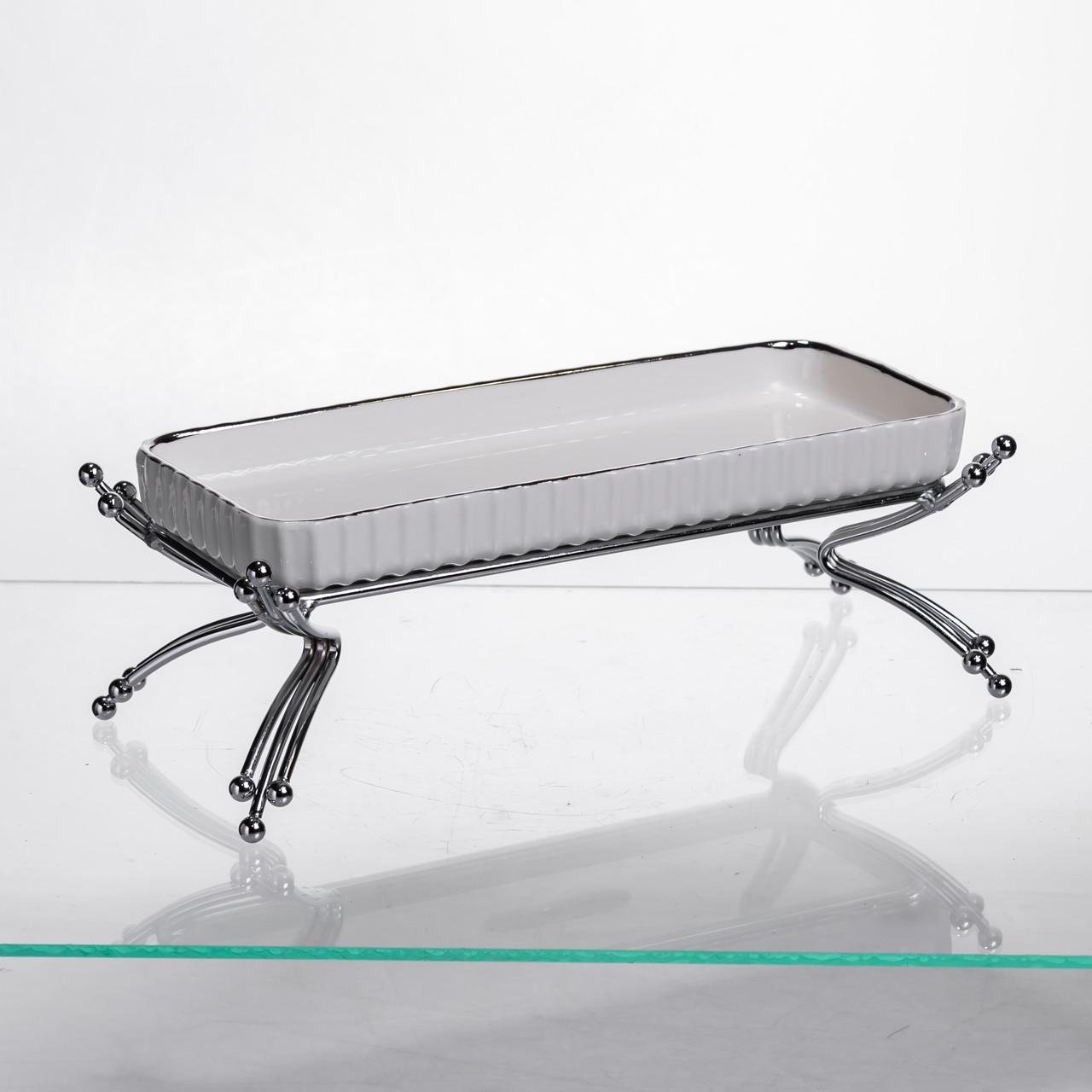 Сервировочная блюдо на металлической подставке 37х18х5 см Белый с серебром (LB-1566S)