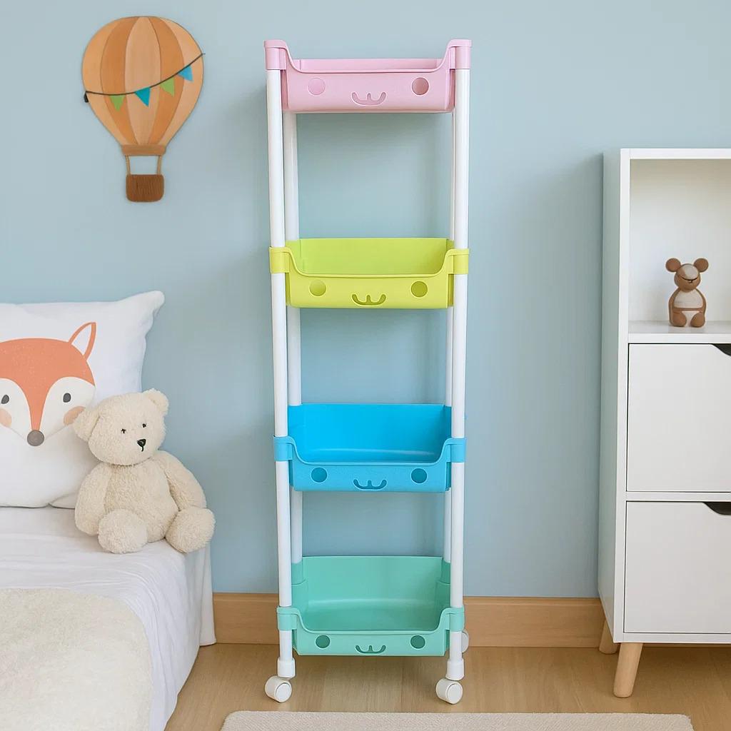 Стеллаж детский на колесиках на четыре яруса для игрушек в детскую комнату 106х31х21 см Разноцветный