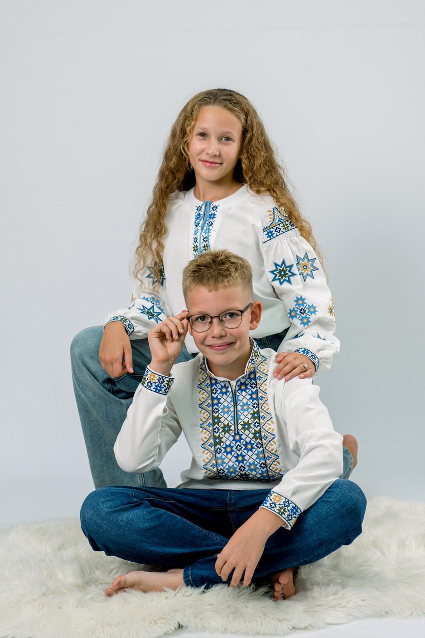 Вышиванка на мальчика лен с голубым орнаментом с длинным рукавом 158 см Молочный (2106420529) - фото 5 Вышиванка на мальчика лен с голубым орнаментом с длинным рукавом 158 см Молочный (2106420529) - фото 5