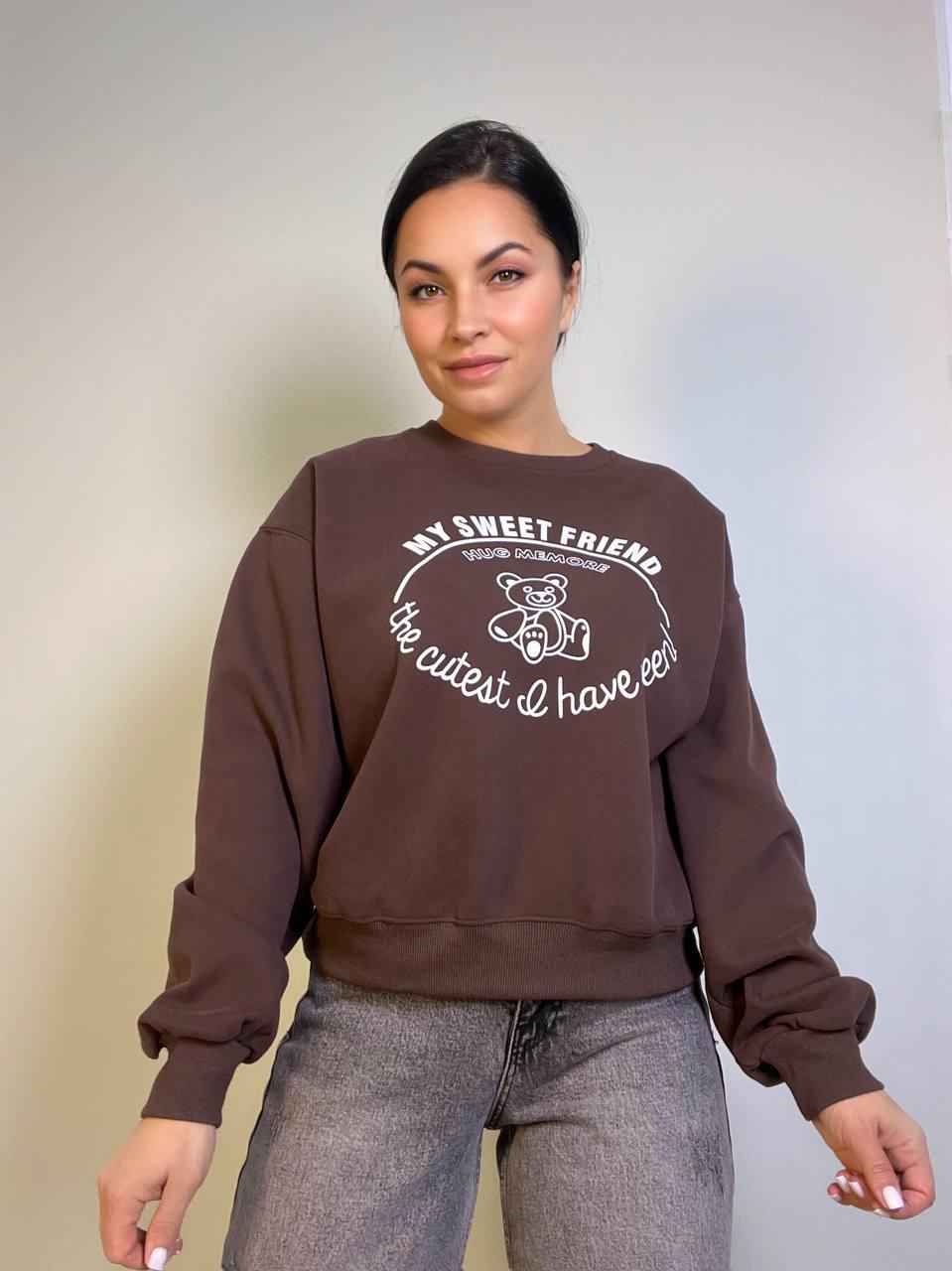 Свитшот женский A-N 25057 с рисунком мишкой впереди средней длины комфорт OS Шоколадный (3341) Свитшот женский A-N 25057 с рисунком мишкой впереди средней длины комфорт OS Шоколадный (3341)