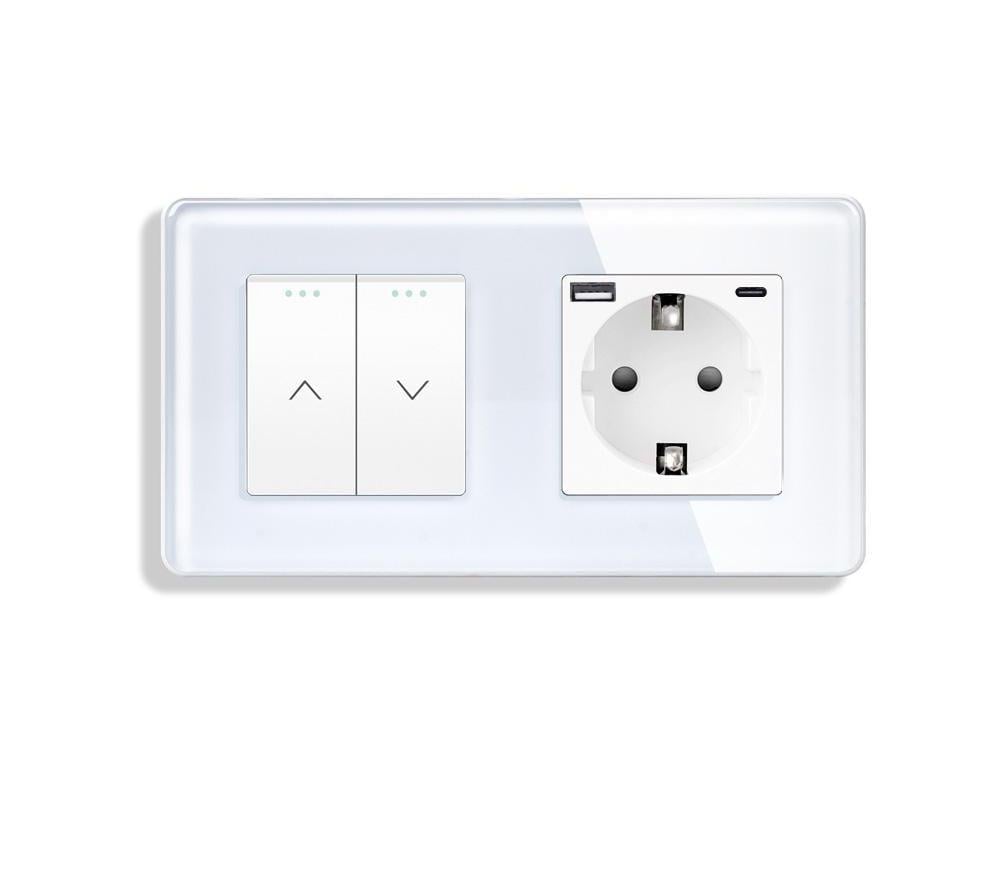 Выключатель двойной ELIOS с розеткой USB A+C 20Вт с заземлением и защитными шторками стекло Белый