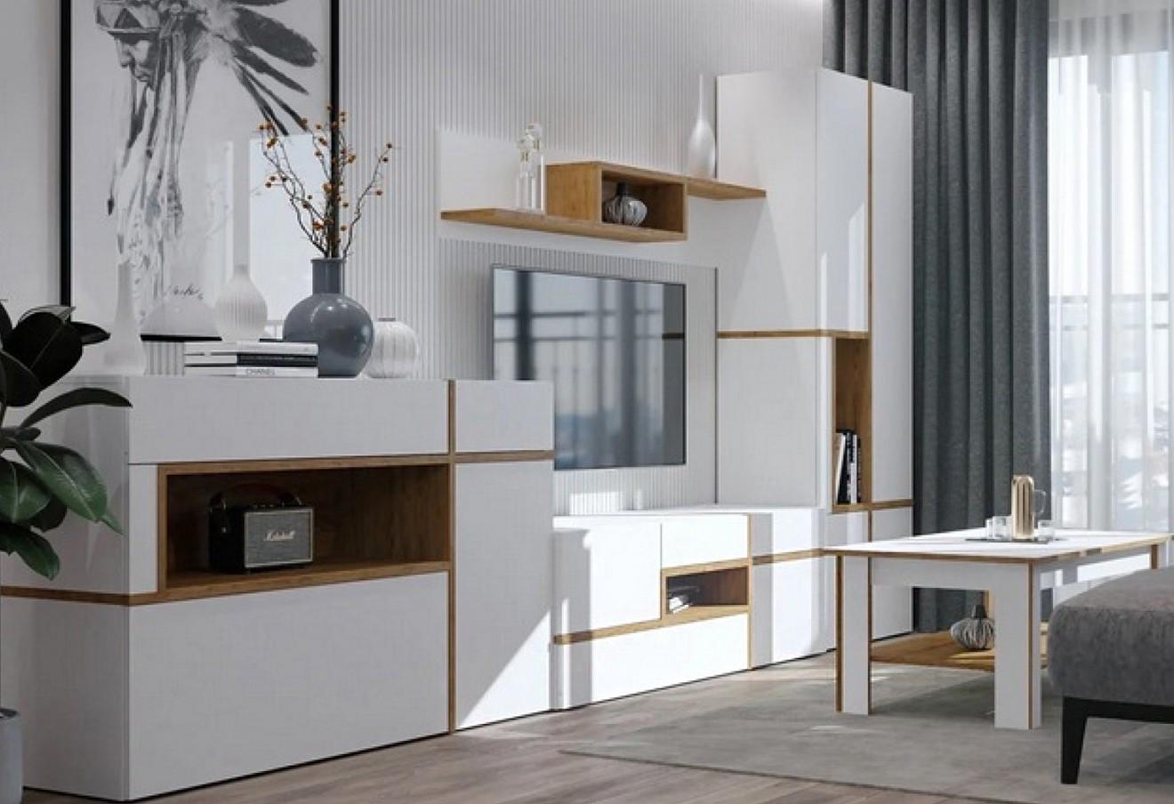 Комплект у вітальню Гербор Лайн з журнальним столом/стінка 3,7 м Німфеа альба/Горіх верона (81077)