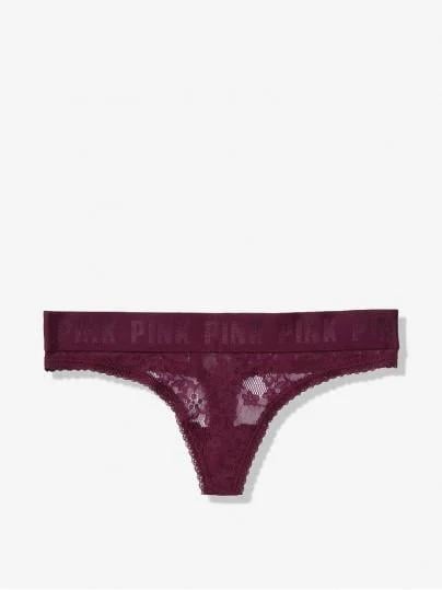 Трусики стринги Victoria's Secret PINK Lace Logo Thong Panty S Бордовый (24563322)