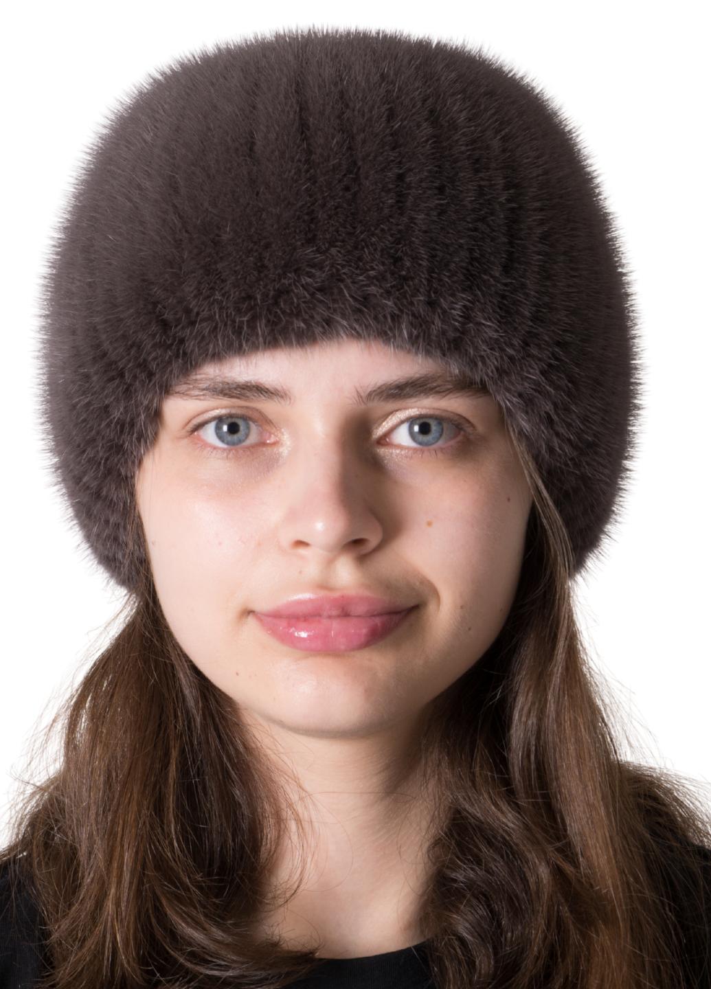 Зимняя шапка из вязаной норки Меховой стиль Бабочка натуральный мех Кофе (113/В)