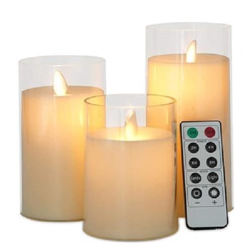Набор из 3 LED свечей с имитацией пламени и пультом дистанционного управления в прозрачном стекле 10/12,5/15 см (MA765)