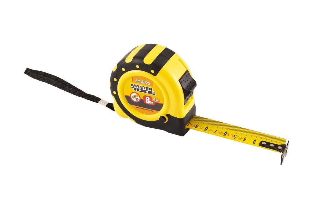 Рулетка MasterTool 8 м х 25 мм з магнітами/2 фіксатори/кнопка STOP/TPR-покриття/нейлонове покриття (64-8025)