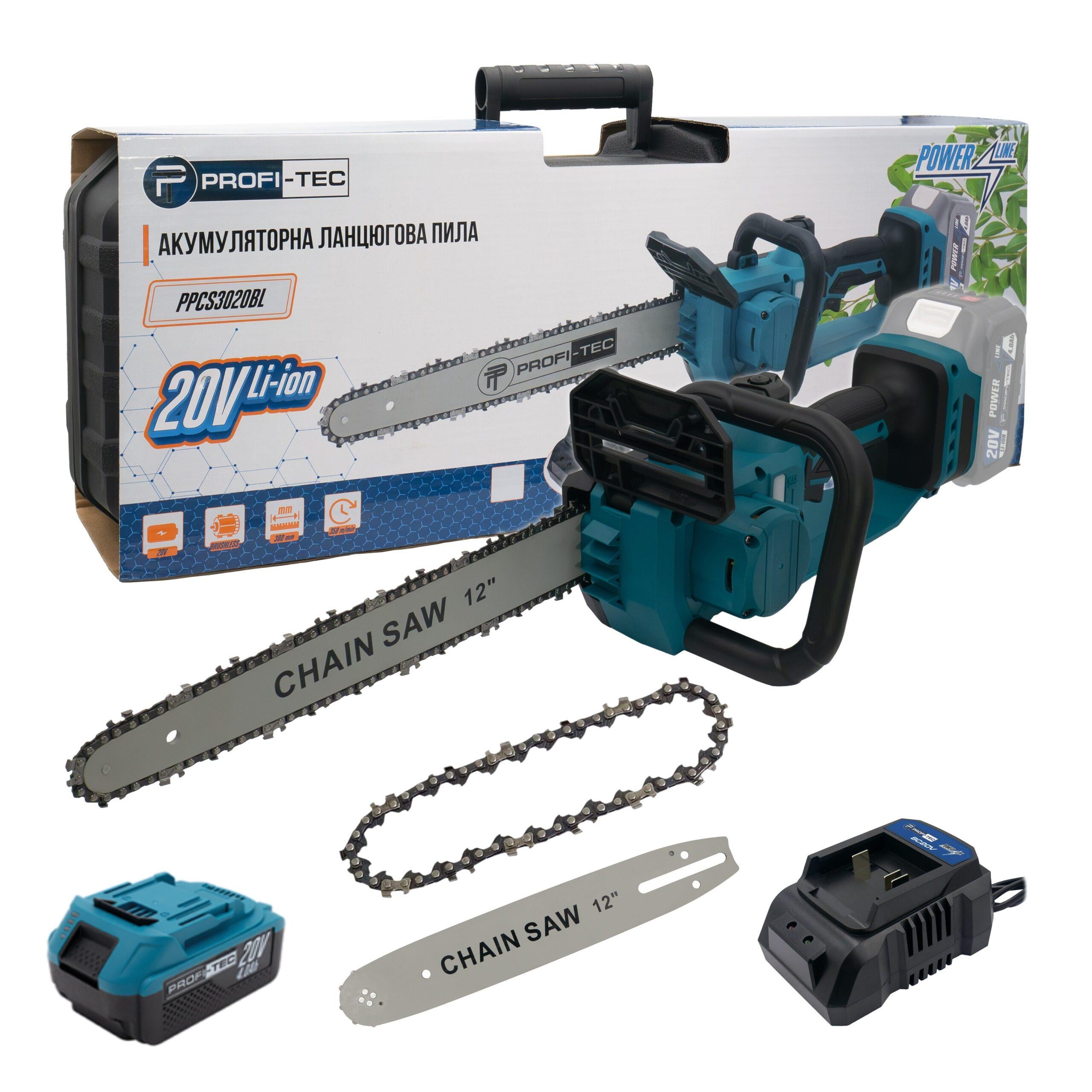 Электропила аккумуляторная PROFI-TEC PPCS3020BL 20 В 30 см 10 м/с 1х4 Ач/зарядное устройство/кейс (LO-06552)