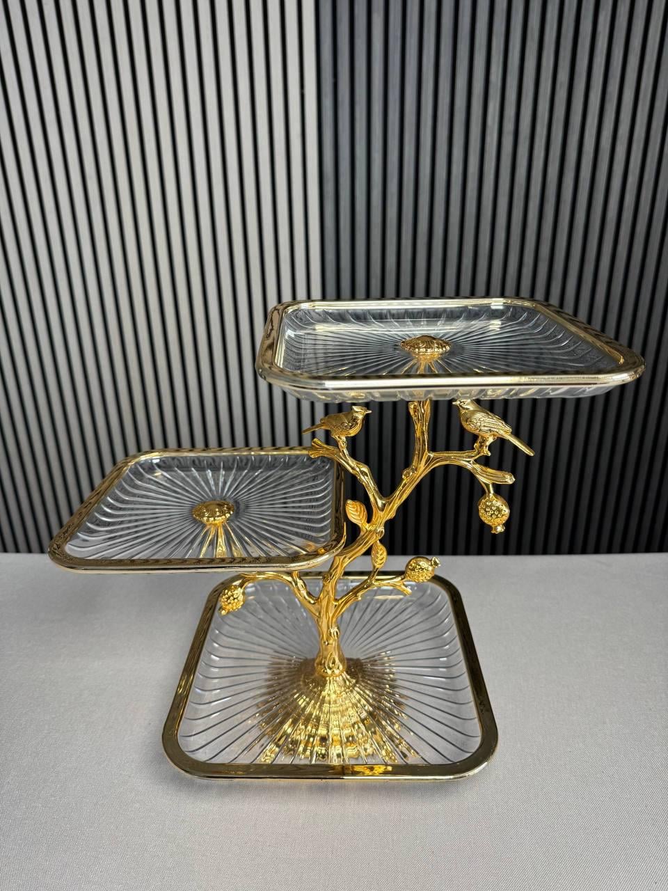 Фруктовница Royal Grace 4420 стеклянная 3-х ярусная 34х24 см Прозрачный с золотистым (4420)