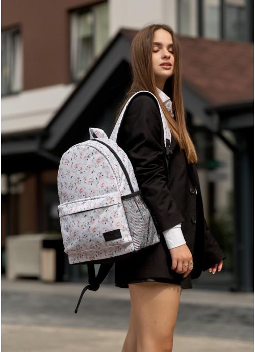Городской рюкзак женский Sambag молодежный тканевый с пеналом с мелким цветочным принтом Белый (5880271540)