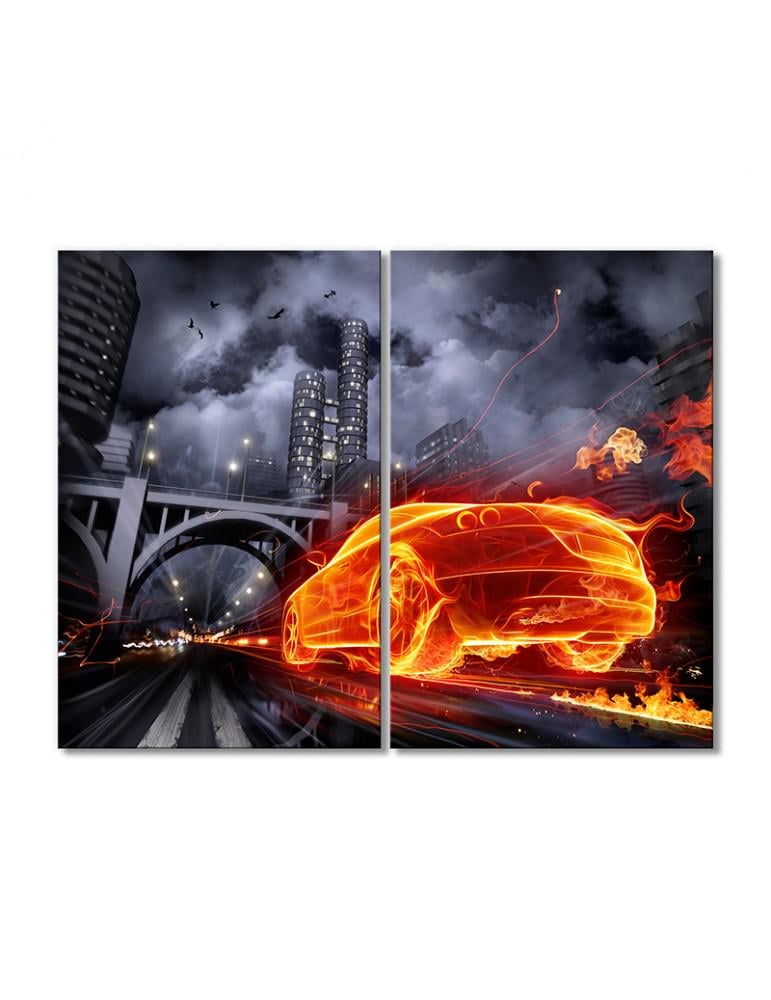 Картина модульная Темный город автомобиль в огне 2 модуля 90x135 см