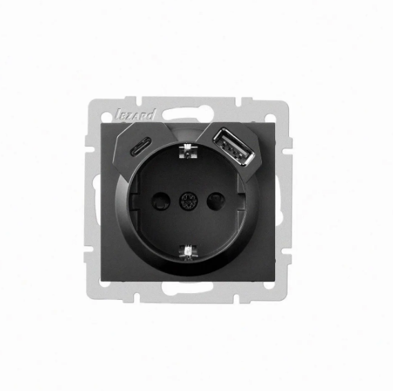 Розетка одинарная Lezard Rain USB/TC с заземлением Антрацитовый (26496798)