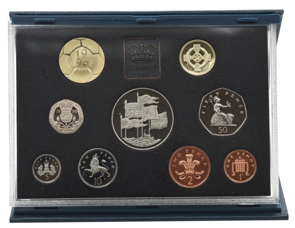 Набор коллекционных монет Великобритания 9 монет 1996 Proof 1/2/5/10/20/50 пенсов 1/2/5 фунтов в сувенирной упаковке (М23768) Набор коллекционных монет Великобритания 9 монет 1996 Proof 1/2/5/10/20/50 пенсов 1/2/5 фунтов в сувенирной упаковке (М23768)