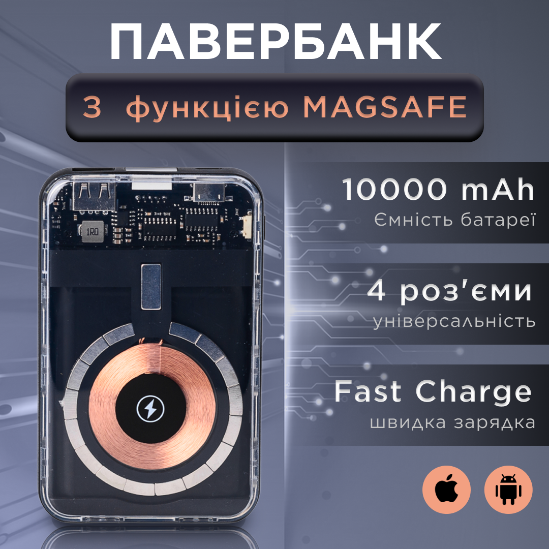 Повербанк с магнитной беспроводной зарядкой MAGSAFE Li-Pol 10000 mAh 3 кабеля Lightning USB-C USB-A Черный (X104) - фото 7