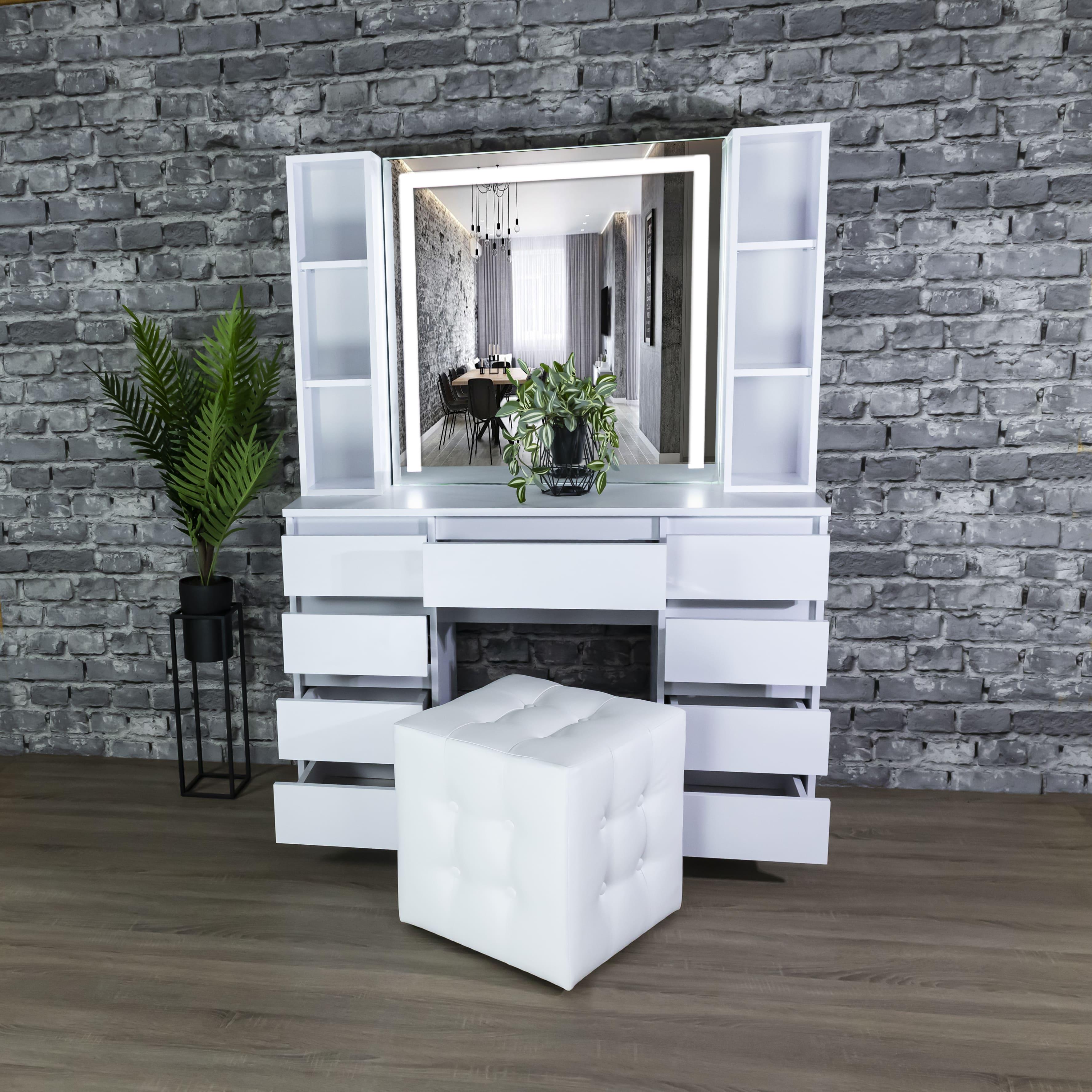 Стіл макіяжний з підсвіткою висувними шухлядками та полицями 160х120х40 см Білий (04/05/9/9) - фото 4 Стіл макіяжний з підсвіткою висувними шухлядками та полицями 160х120х40 см Білий (04/05/9/9) - фото 4