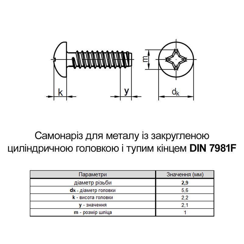 Саморез тупой конец Metalvis DIN7981F 2,9х8 PH1 полная резьба полукруглая головка белый цинк 1000 шт. (80520000080529082F) - фото 2