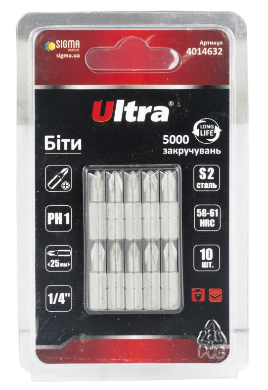 Биты Ultra PH1x25 мм 1/4" 10 шт. S2 в блистере (4014632)