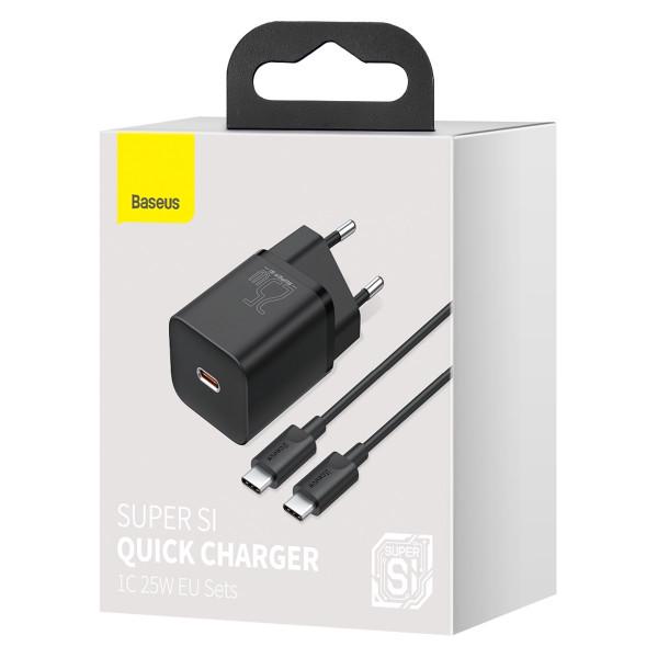 Сетевое зарядное устройство Baseus Super Si Quick Charger Type-C + кабель Type-C to Type-C 25 Вт 3A быстрая зарядка 1 м Черный - фото 6