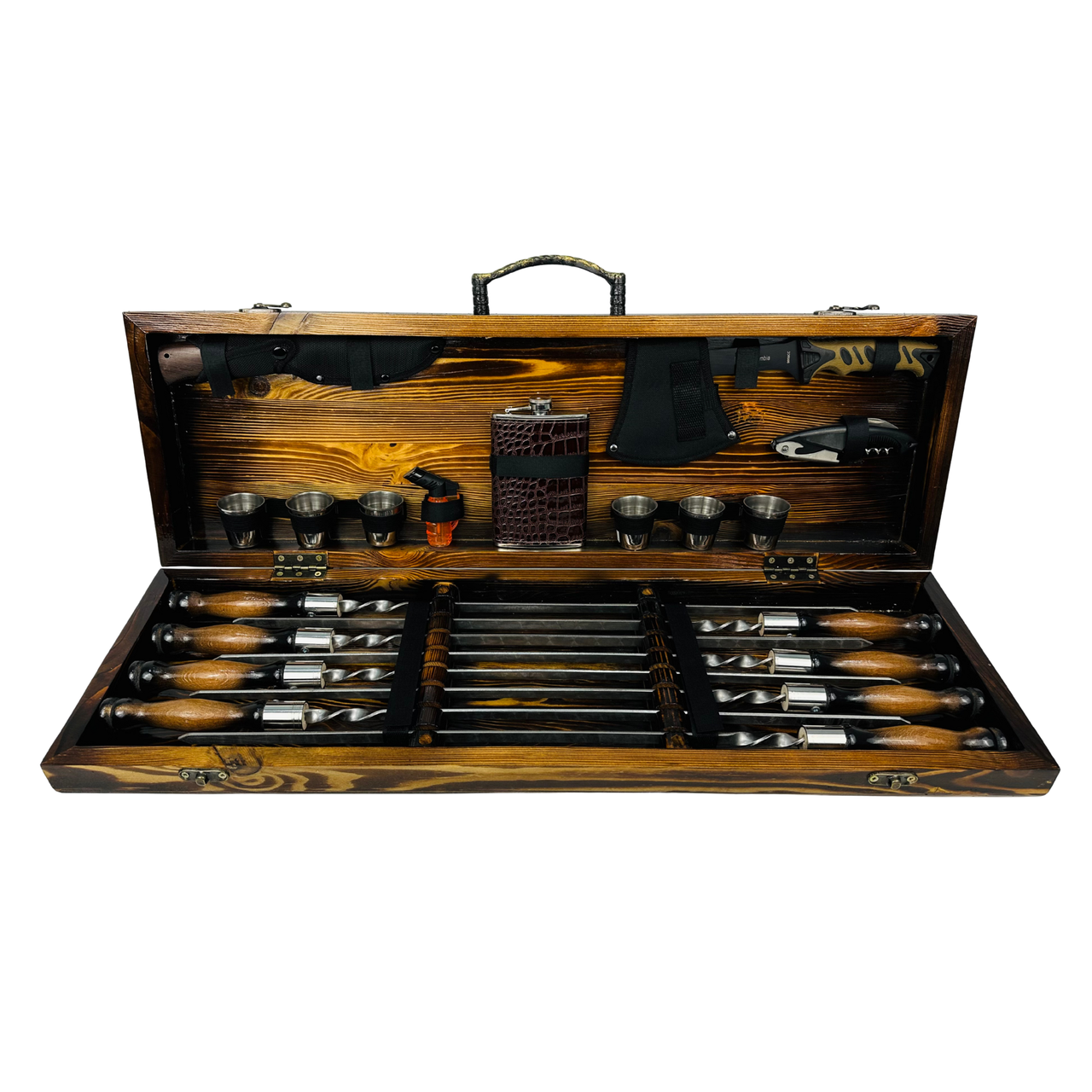 Подарочный набор шампуров Охотник LUX ручной работы из нержавеющей стали в кейсе из дерева