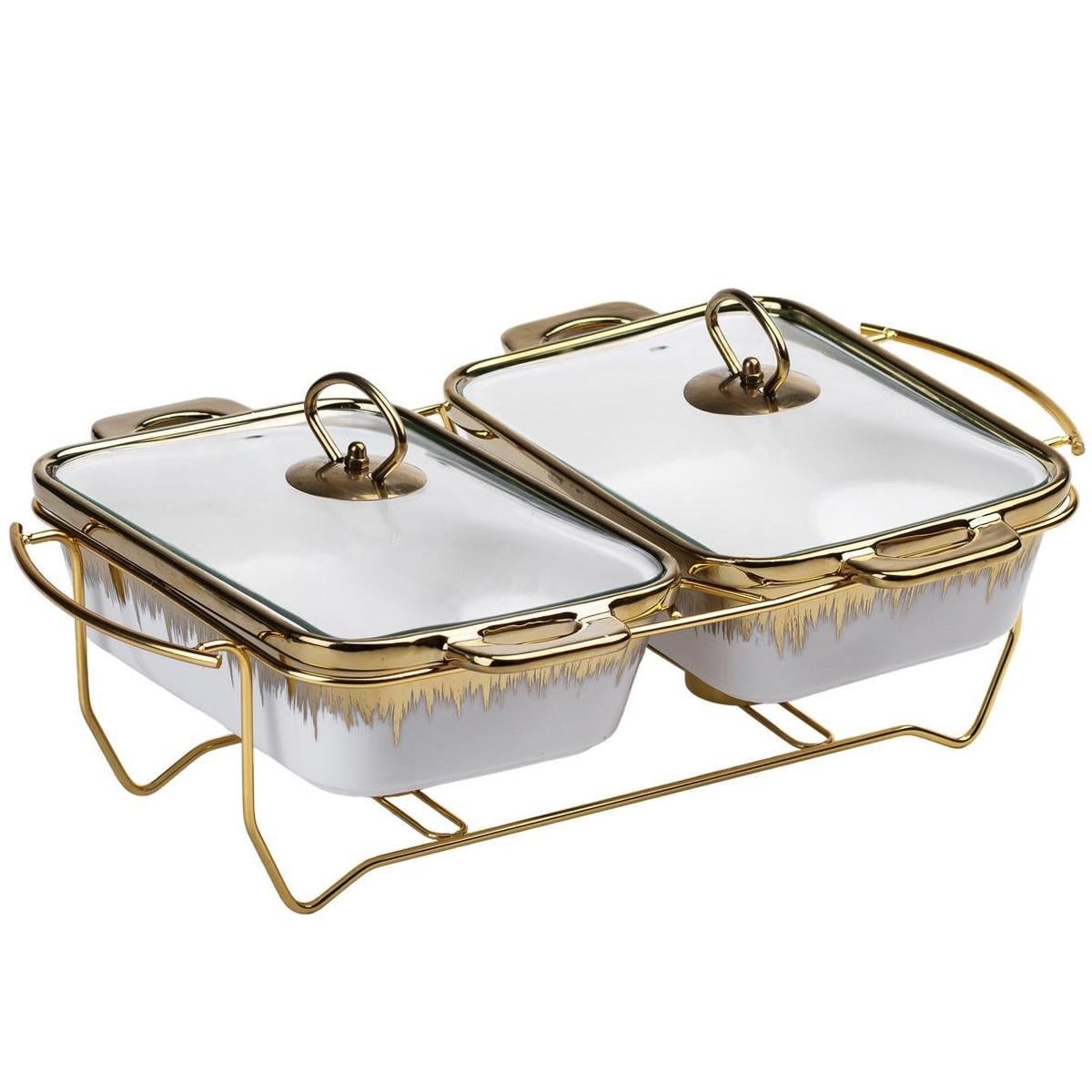 Мармитница керамическая прямоугольная на 2 секции по 1 л Золотой (HP1042)