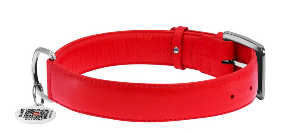 Ошейник для собак кожаный WAUDOG Glamour с QR паспортом без украшений M Ш 20 мм Дл 30-39 см Красный (Collar32933)