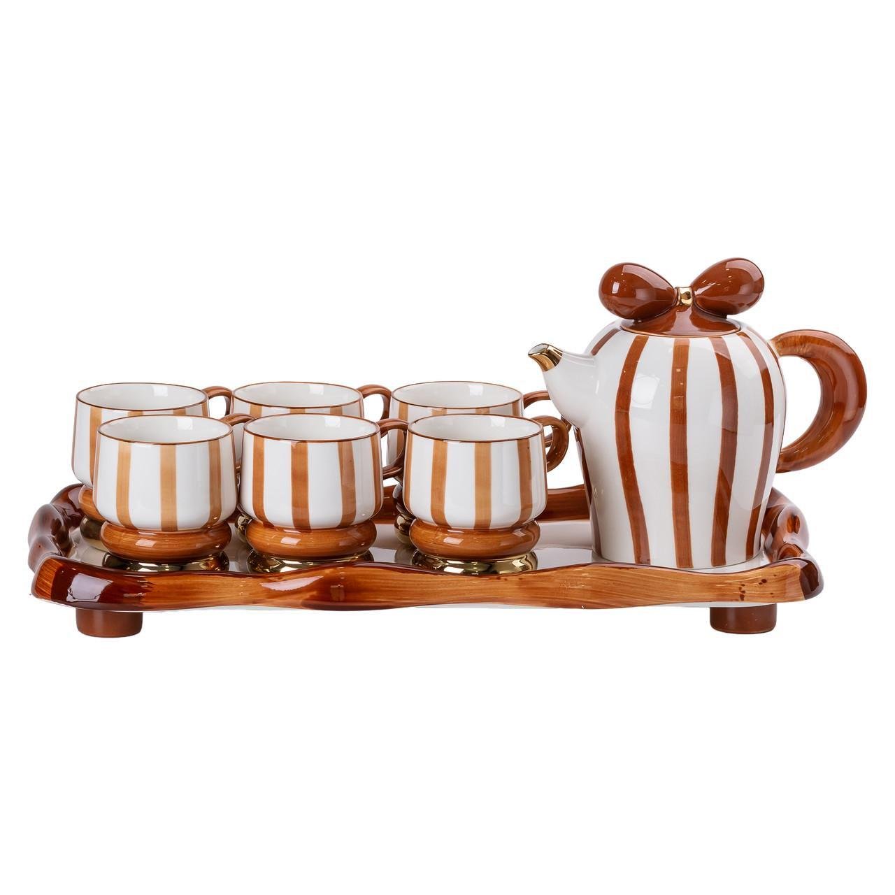 Чайный сервиз на 6 персон с керамической подставкой Шоколад - фото 1 Чайный сервиз на 6 персон с керамической подставкой Шоколад - фото 1