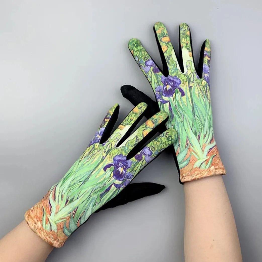 Рукавички жіночі теплі з художнім принтом Іриси (000010)