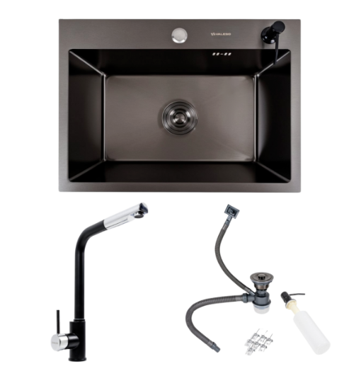 Кухонный комплект мойка Valeso Handmade 58x43 см PVD и смеситель Q411MB Черный