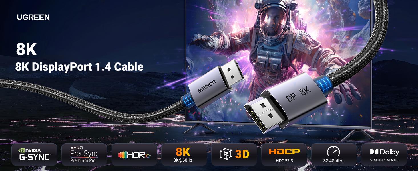 Кабель UGREEN DisplayPort 1.4 8K 60Hz 4K 240Hz 2K 240Hz 1080p 240Hz 32.4 Гбіт/с VESA DP G-Sync Free Sync HDR 10+ 3 м Чорний (25906) - фото 2 Кабель UGREEN DisplayPort 1.4 8K 60Hz 4K 240Hz 2K 240Hz 1080p 240Hz 32.4 Гбіт/с VESA DP G-Sync Free Sync HDR 10+ 3 м Чорний (25906) - фото 2