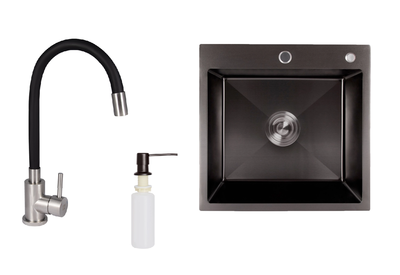 Мийка для кухні з нержавіючої сталі 50/50 Lidz з гнучким краном та дозатором Чорний Мийка для кухні з нержавіючої сталі 50/50 Lidz з гнучким краном та дозатором Чорний