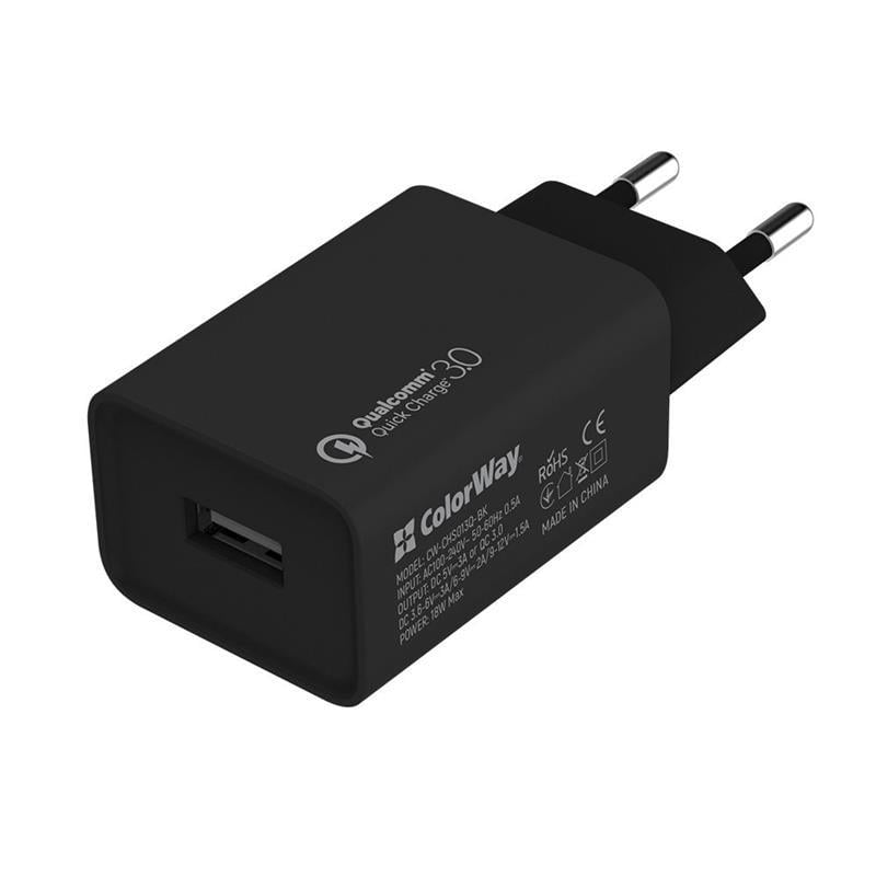 Зарядное устройство сетевое ColorWay USB 3A QC 3.0 18 Вт Black (CW-CHS013Q-BK)