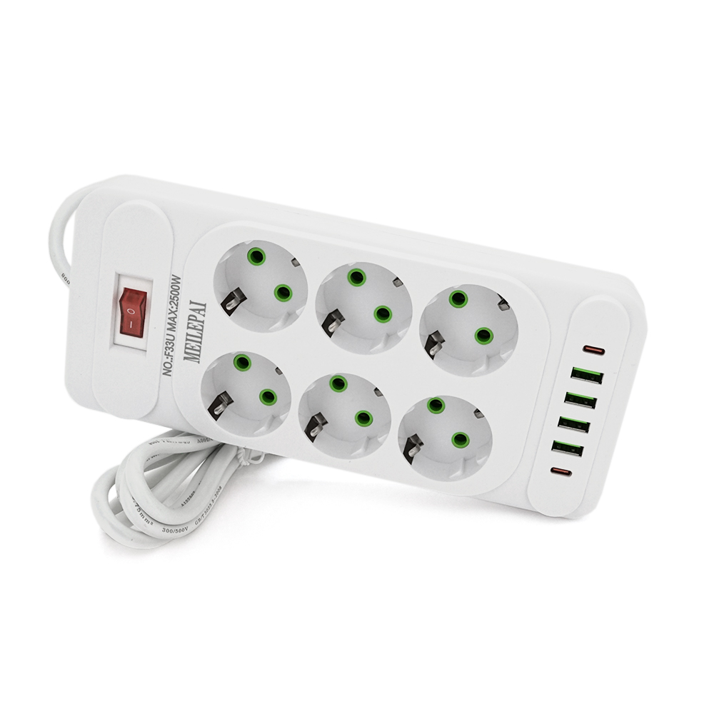 Сетевой фильтр F33U 6 розеток EU 4 USB 2 PD кнопка с индикатором 2500W 3х0,75 мм 2 м White (YUT_V8439)