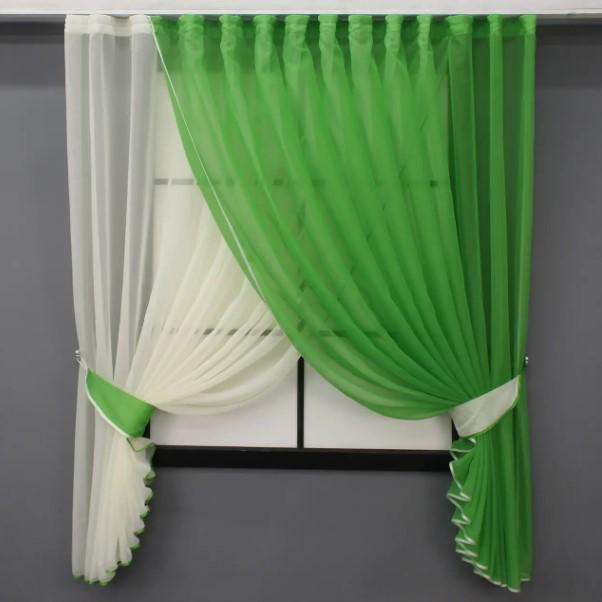 Шторки на кухню 330х170 см Молочный/Темно-салатовый (060к)