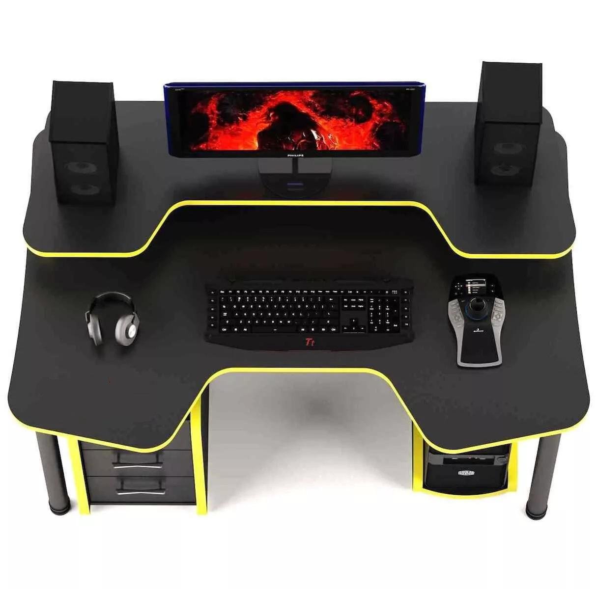 Стіл геймерський CNC mebli Comfort GT14N з надстройкою та ящиками 120 см Black/Yellow (10362) - фото 4