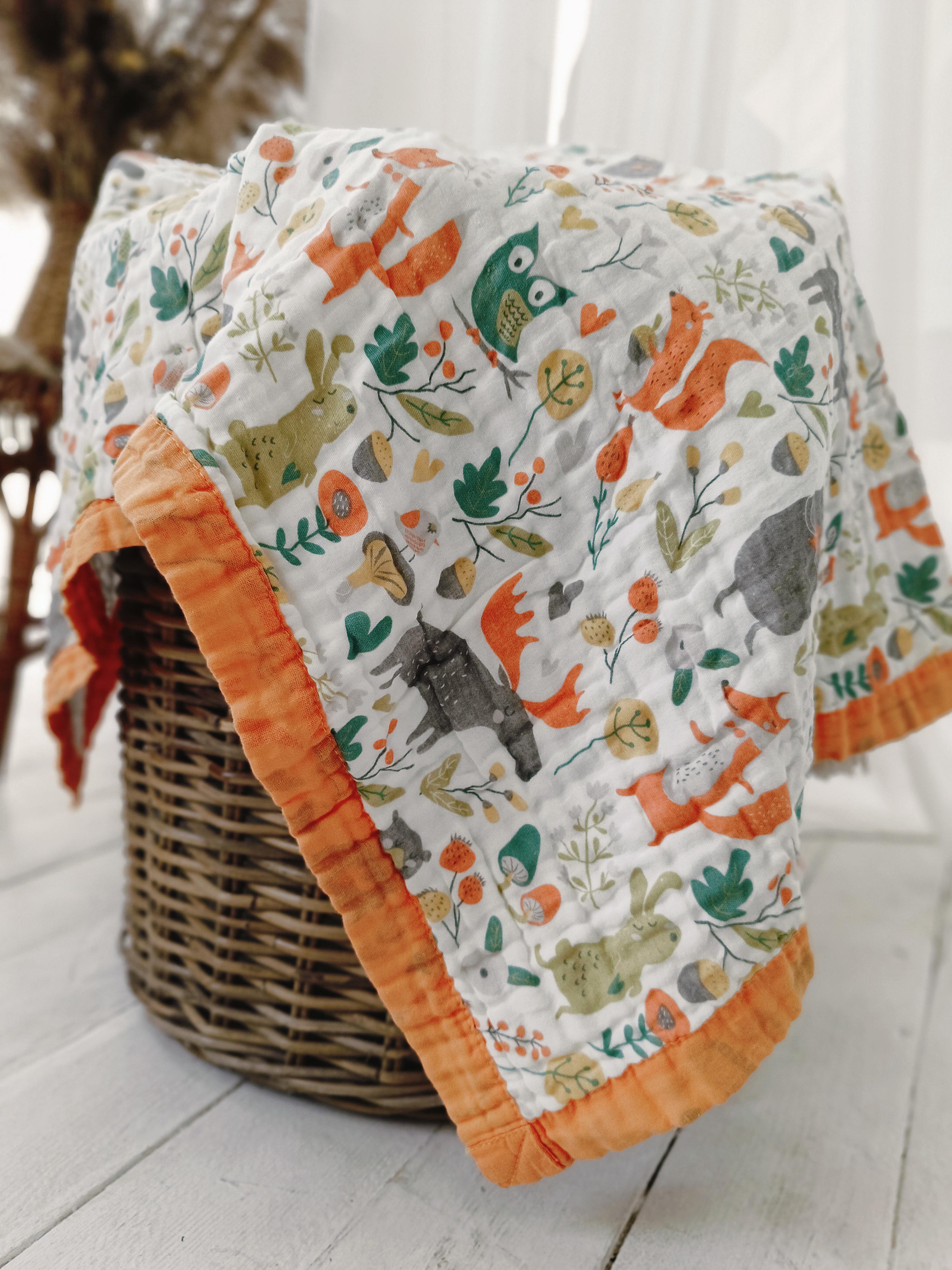 Детский плед 6-ти слойный муслиновый с рисунком 110х110 см Оранжевый (HPM0026)