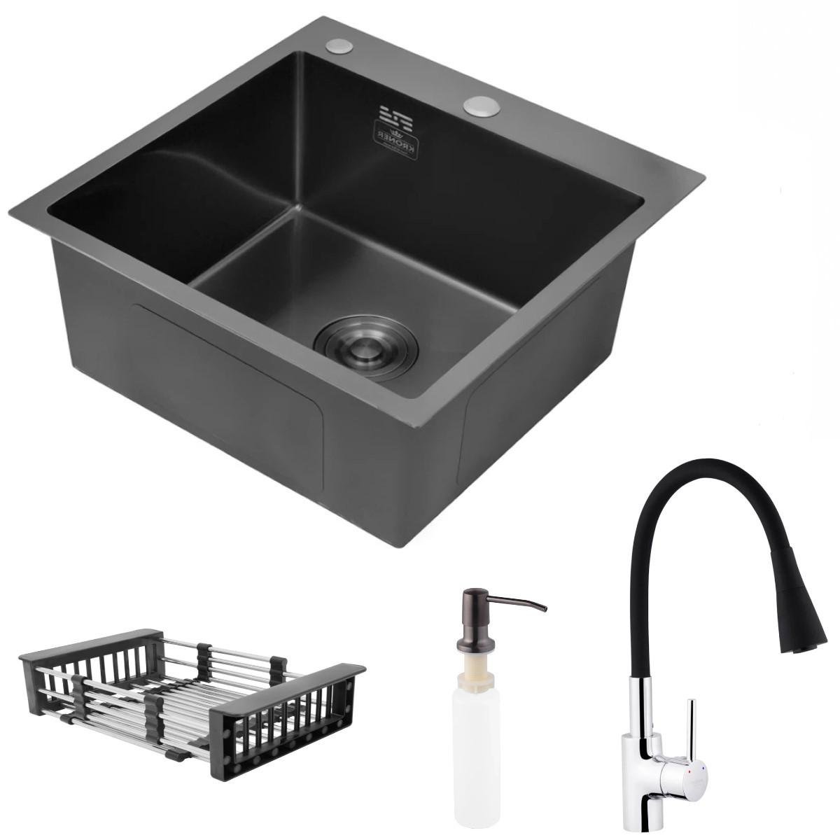 Мойка кухонная Kroner Schwarze 5050HM PVD Черный/гибкий смеситель для кухни Küche-C031BLK