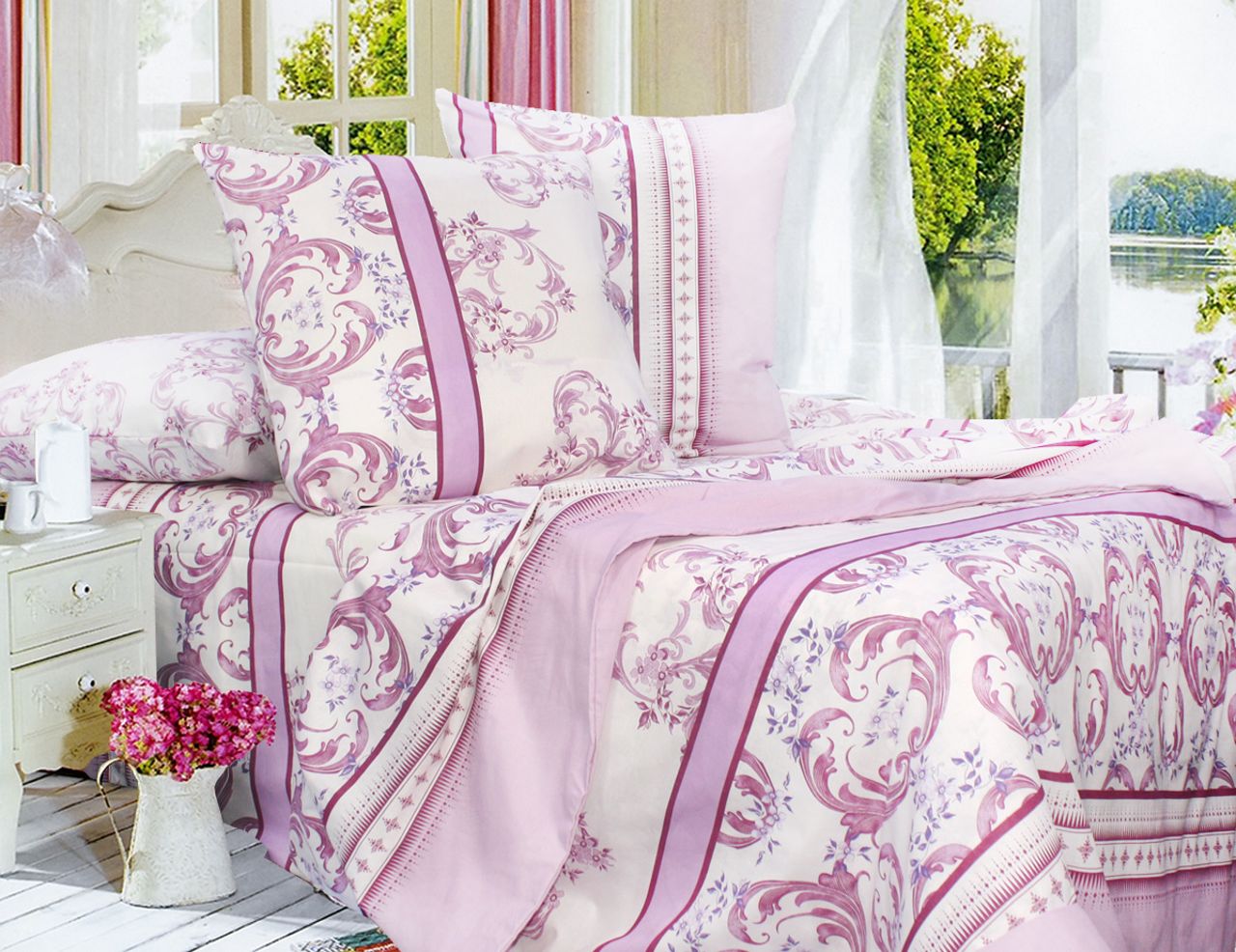 Комплект постельного белья двуспальный Еней-плюс Т0704 Розовый/Белый
