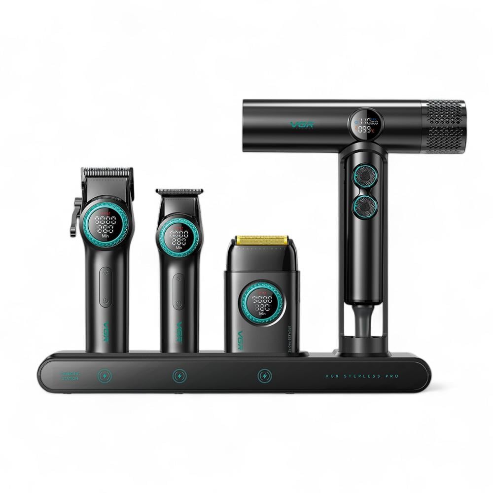 Набір для стрижки VGR Pro STEPLESS 11212 4в1 стрижня машинка Clipper/триммер/шейвер/фен Black (V_VGR11212Black)
